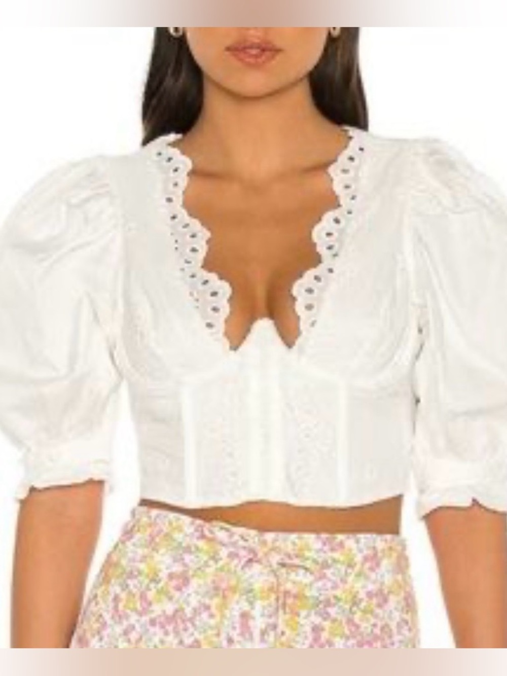 For Love and Lemons White Eyelet Corset Puff Sleeves Top XS Cottagecore Coquette